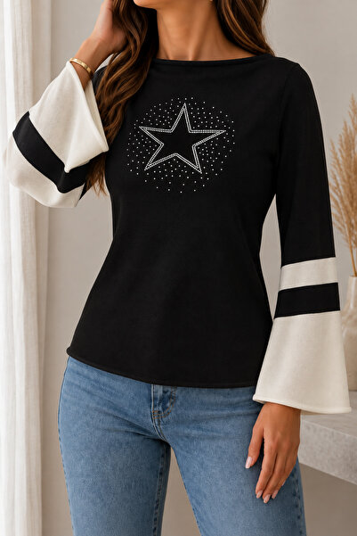 hanope Women's Boat Neck Spanish Sleeve Stone Star Detailed Relaxed Cut Black...