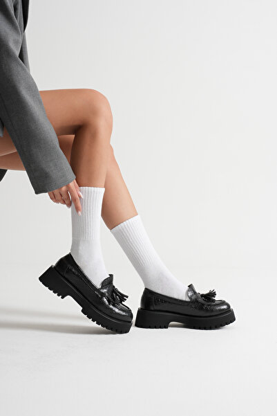 DYG STORE ΜΑΥΡΑ ΓΥΝΑΙΚΕΙΑ ΚΟΜΨΑ ΠΑΠΟΥΤΣΙΑ LOAFER ΜΕ ΦΟΥΝΤΑ ΚΡΟΚΟΔΕΙΛΟΥ