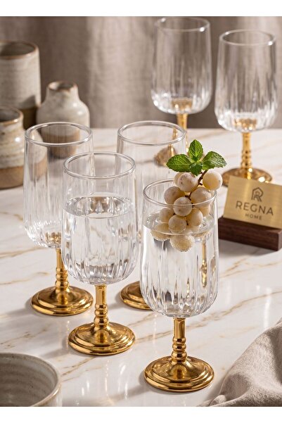 REGNA HOME Fine Living Beril Gold Metal Footed 6 Piece Coffee Side Glass Wate...