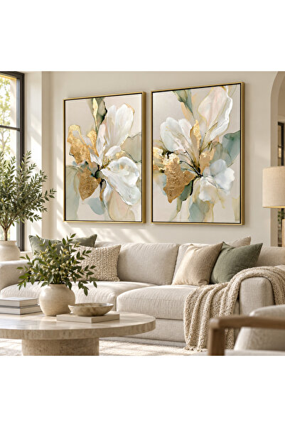 Markazip Altınlı Bahar Çiçekleri Metal Çerçeveli 50x70cm İkili Kanvas Tablo L...