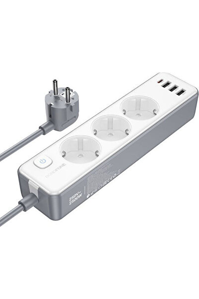 Borofone Πολύπριζο 3 πριζών με 3 USB-A, 1 USB-C και καλώδιο 2μ.