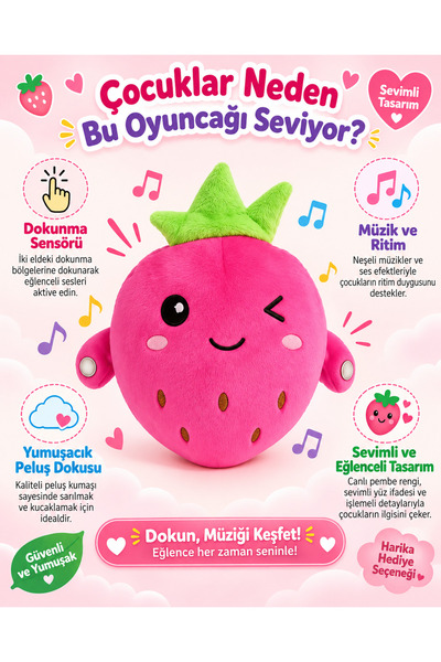 Prlk toys Etkileşimli Çilek Peluş Oyuncak – Dokunmatik Sensörlü Müzikli ve Eğ...