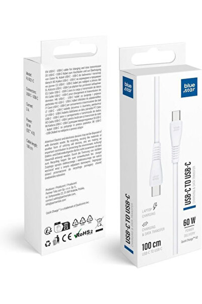 Blue Star Καλώδιο USB 2.0 USB-C Αρσενικό - USB-C 60W Λευκό 1μ