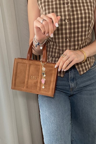 Fibag Women's Tan Suede Hand and Shoulder Bag - Adjustable Long Strap - with Charm Gift