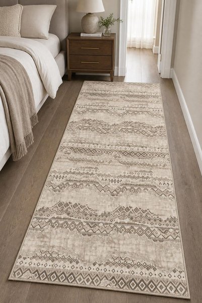 Viva Home Krem Etnik Geometrik Desenli Kesme Rulo Yolluk Halı VH390