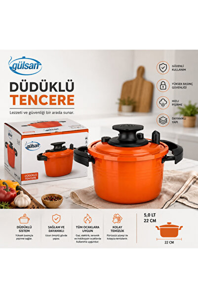 gülsan Düdüklü Tencere 5 Litre 22 CM Turuncu Basınçlı Tencere