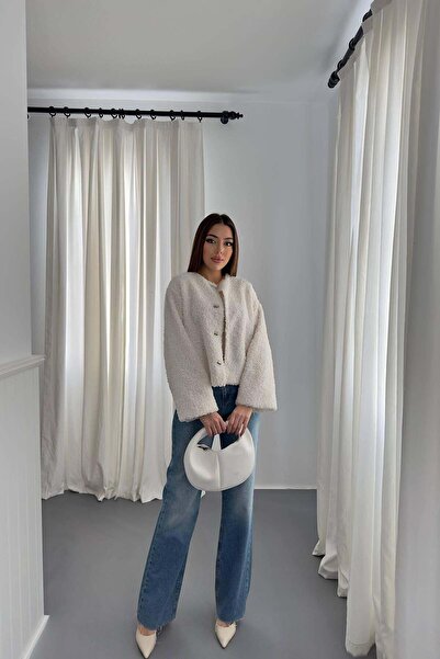 Caddebostan Moda Kadın Peluş Kısa Ceket Kruvaze Yaka Şık Mevsimlik Mont