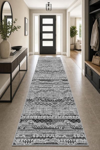 Viva Home Gri Etnik Geometrik Desenli Kesme Rulo Yolluk Halı VH389