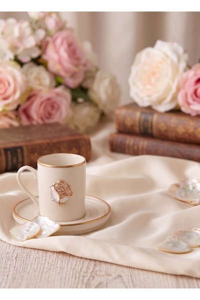 REGNA HOME Fine Living Roses Cream 2-Person 6-Piece Coffee Cup Set with Decorated Cups