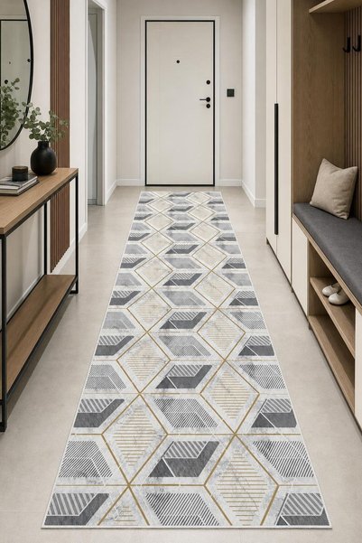 Viva Home Gri Geometrik Desenli Kesme Rulo Yolluk Halı VH385