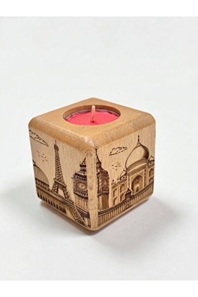 Laser Gallery Wooden Cube Candle Holder – 7cm Laser Engraved "Around the Worl...