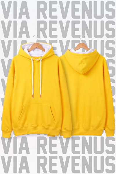 Vordevia Unisex Wide Fit Yellow Hoodie Sweatshirt - 3-Thread Fleece Hood Lini...