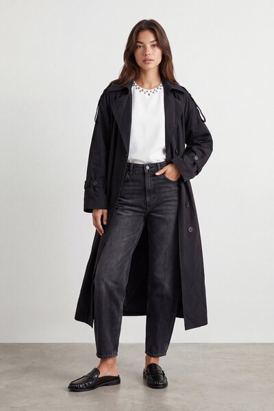 VAGGON Long trench coat with open collar and belt