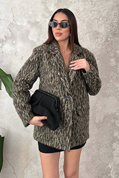 Caddebostan Moda Kadın Leopar Desenli Yünlü Ceket Blazer Yaka Oversize Kışlık...