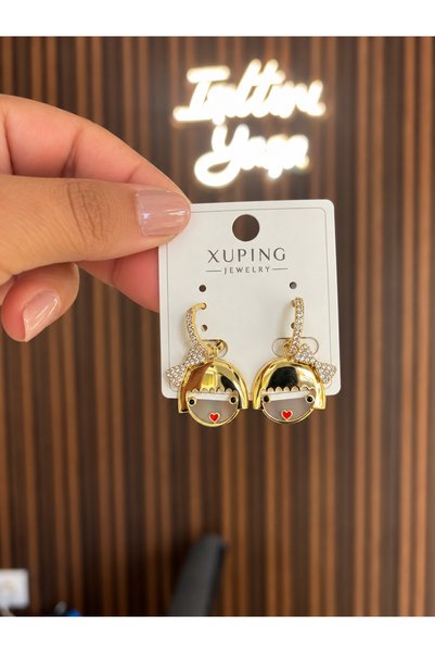 xUPING Gold Kız Figürlü Taşlı Sallantılı Kadın Küpe