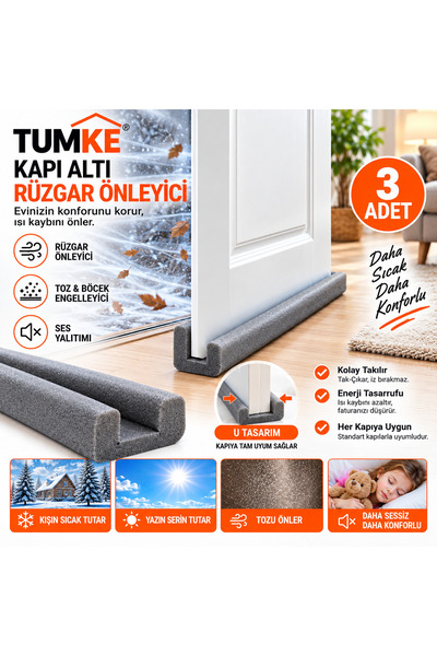 TUMKE Kapı Altı Rüzgar Önleyici 3 Adet – U Tipi Kapı Altı Süngeri, Ses Isı Toz ve Böcek Engelleyici Yalıtım Süngeri Izolasyon Bandı
