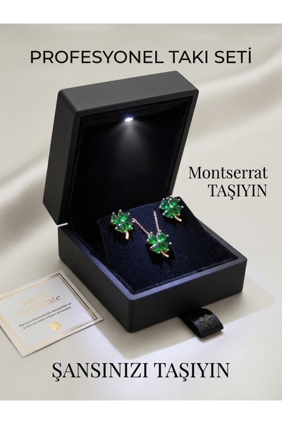 Papatya Silver 925 Ayar Gümüş Özel Tasarım Yeşil Taşlı Yonca Kolye Küpe Set.r...