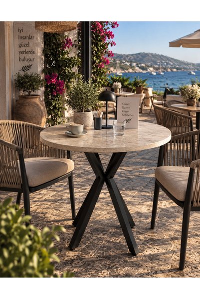 MASA MUTFAK CAFE BALKON BAHÇE RESTORAN YEMEK MASASI 70X70 ( SİYAH TRAVERTEN Y...