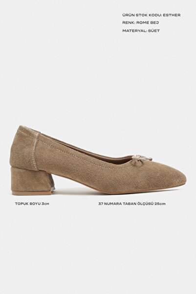 NİŞANTAŞI SHOES Esther Rome Bej Süet Deri Fiyonk Detay Blok Topuk Kadın Babet
