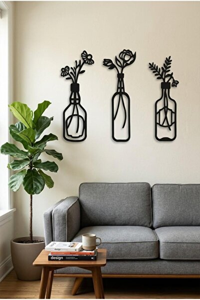 LAZORİAE Vase-Shaped Three-Piece Wooden Tabletop, Black Wall Decor, Modern Or...