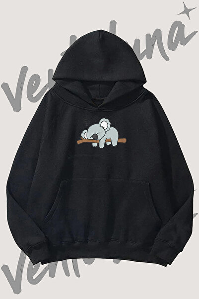Vento Luna Koala Uyuyan Tasarım Ön Baskılı Siyah Kapüşonlu Sweatshirt