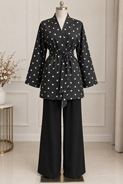 DİLEKBUTİK Puantiyeli dabıl krep mevsimlik beli kemerli kimono