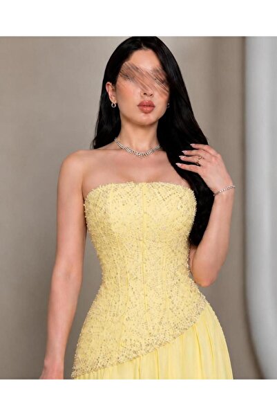 Olivia Style فستان سهرة نسائي طويل باللون الأصفر الهادئ بدون أكمام بتصميم كور...