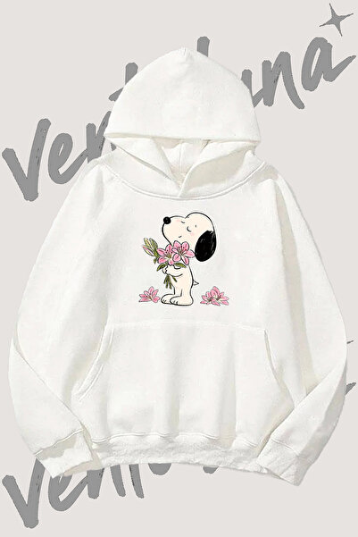 Vento Luna Snoopy Flower Tasarım Ön Baskılı Beyaz Kapüşonlu Sweatshirt