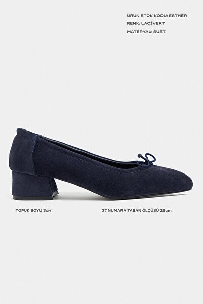 NİŞANTAŞI SHOES Esther Lacivert Süet Deri Fiyonk Detay Blok Topuk Kadın Babet