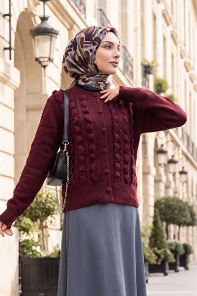 HİJABAYA Hair Braided Ruffled Buttoned Round Neck Long Sleeve Hijab Knitwear ...