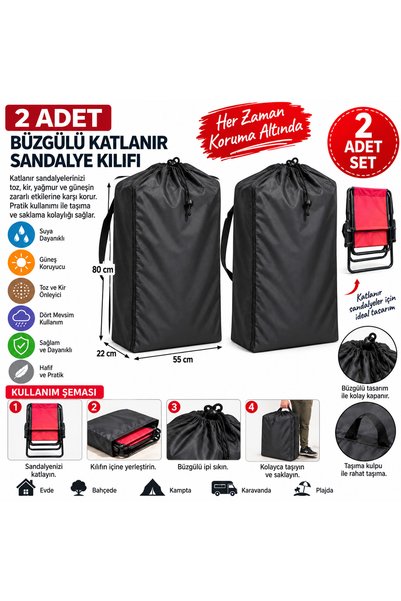 Magiclady 2 Adet Büzgülü Katlanır Sandalye Koruma ve Taşıma Kılıfı – 80×55×22 cm