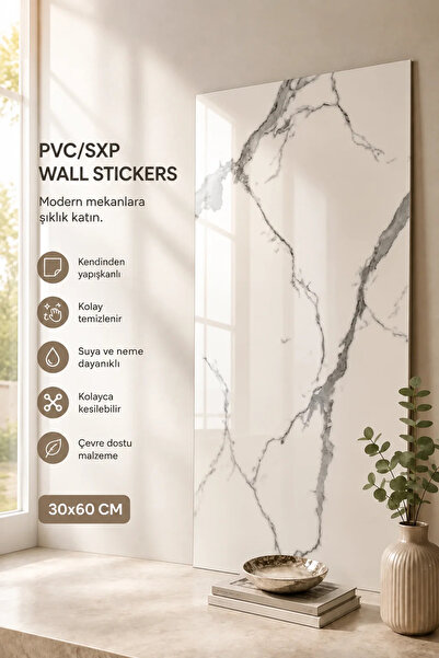 ÇEMİ 4 Adet - Mermer Görünümlü Banyo & Mutfak PVC Duvar Kağıdı Fayans Üstü Ka...