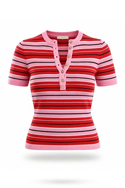 5in1Canpolat Pink Striped Buttoned Short Sleeve Knitwear 4752
