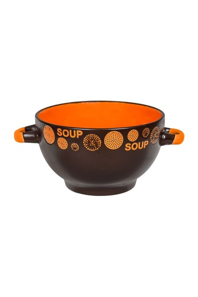 OEM Bol de supă din porțelan maro-portocaliu 650 ml, cu mânere și model dots