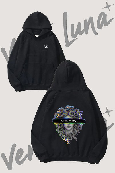Vento Luna Glitch Medusa Design Back Printed Black Hooded Sweatshirt
