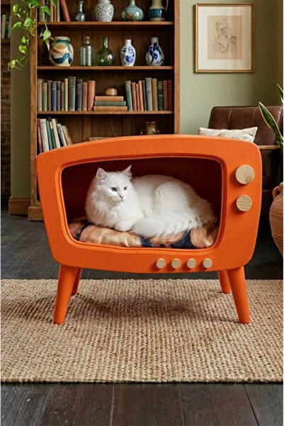 huncar Ahşap Retro TV Kedi Evi Turuncu El Yapımı Dekoratif Kedi Yatağı Nostal...