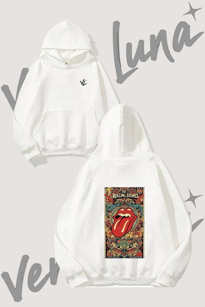 Vento Luna Rolling Stones Design Back Printed White Hooded Sweatshirt