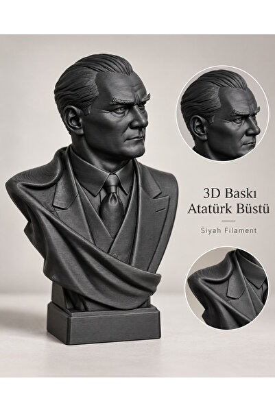 Atatürk Büstü 18 cm 3D Baskı Dekoratif Heykel – Siyah / Beyaz