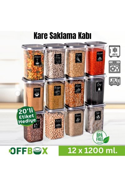 OFFBOX Kare Bakliyat Baharat Gıda Saklama Kabı - 1.2 Lt. - 12 Adet