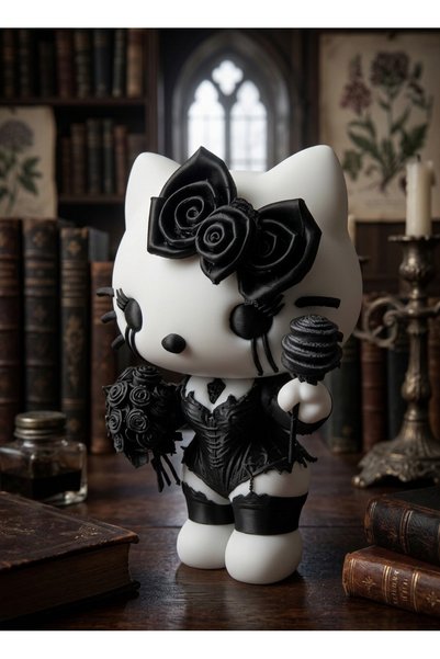 JOY 3D Gotik Kedi Kitty Figürü Siyah Güllü Dekoratif Masa Üstü Hediyelik Obje...