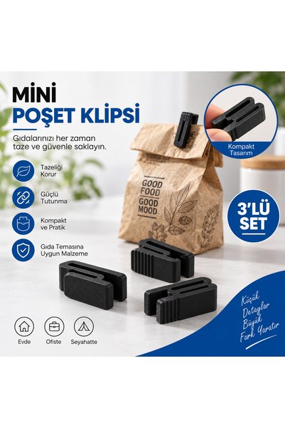 3’lü Mini Poşet Klipsi – Siyah Pratik Poşet Kapatma Klipsi – Çok Amaçlı Paket Kapatıcı