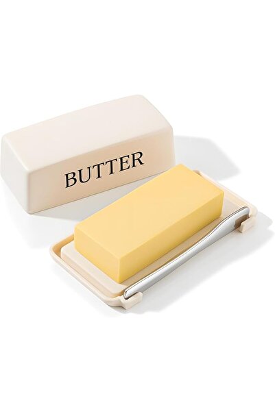 Tazweeq Butter Storage Container with Lid and Knife, Beige Food Grade Plastic...
