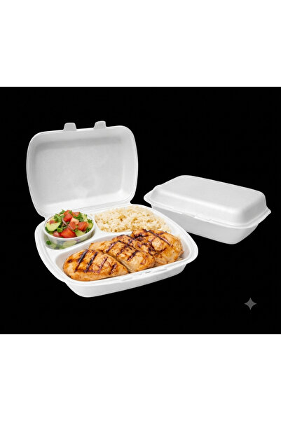 meretopack 3 Gözlü Kapaklı Köpük Yemek Kabı (Paket Servis Tabağı) 25 Adet