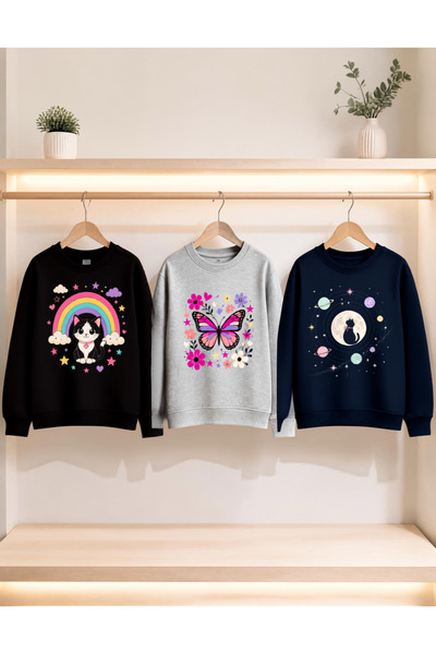 Kedi-Kelebek Tasarımlı %100 Pamuk Kız Çocuk Sweatshirt