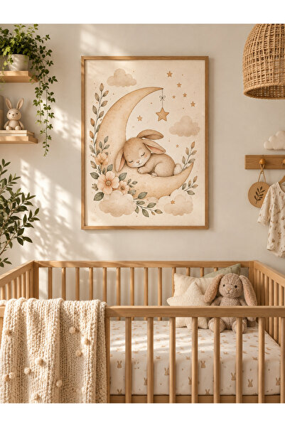 OAKY Life Ayda Uyuyan Tavşan Tablo – Çerçeve Görünümlü MDF Bebek ve Çocuk Oda...