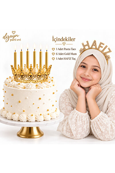 Dizayn Parti Evi Hafızlık Kutlama Seti – Hafız Taç, Gold Pasta Tacı ve 6’lı G...