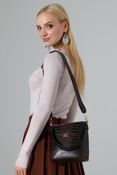 BALANZ Geantă de umăr și crossbody pentru femei, maro amar, cu model crocodil, din piele artificială premium, geantă tip găleată, elegantă, pentru uz zilnic