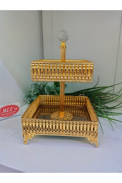 Leila İki Katlı Sunumluk Kurabiyelik Gold Renk, Bronz aynalı