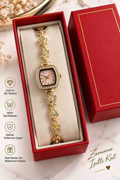 Eylemboutique Kadın Kelebek Figürlü Gold Kol Saati – Taş Detaylı Kare Kasa – ...