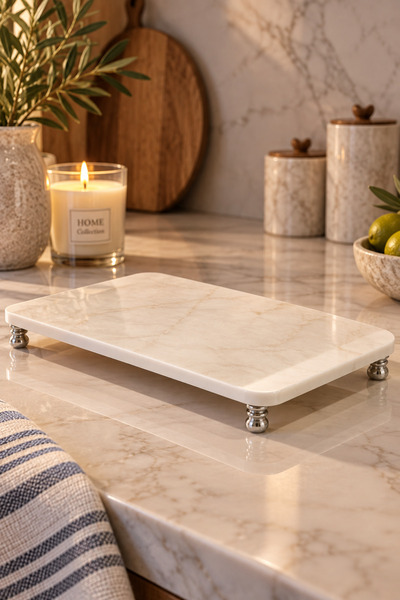 Zeybek Marble Beyaz Mermer Gümüş Ayaklı Dekoratif Stand & Mermer Sunumluk & D...